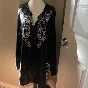 Johnny Was 3/4 button down Sheer Black with cream florals stitched.